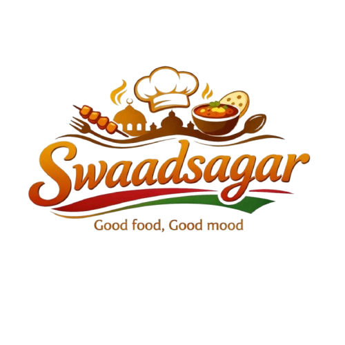 Logo of Swaadsagar cloud kitchen in Patna featuring food icons and the tagline “Good food, Good mood”